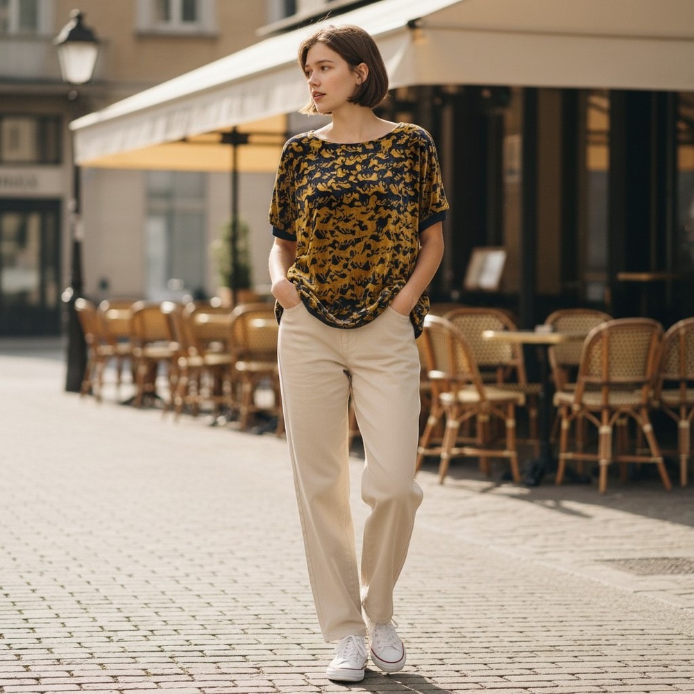Sundance Silk Blend Velvet Burnout Horse Print Top Mustard Yellow‎ Navy Blue S